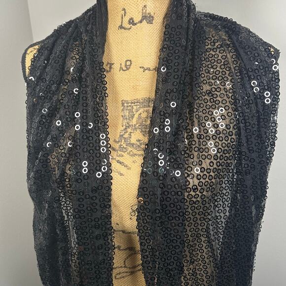 Black Mesh Sequin Satin Trim Scarf Shawl Women's OS - Picture 3 of 7